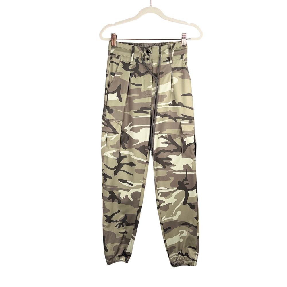 Chic Me Pants Juniors S Green Gray Camo Satin Cargo Drawstring Jogger Outdoors